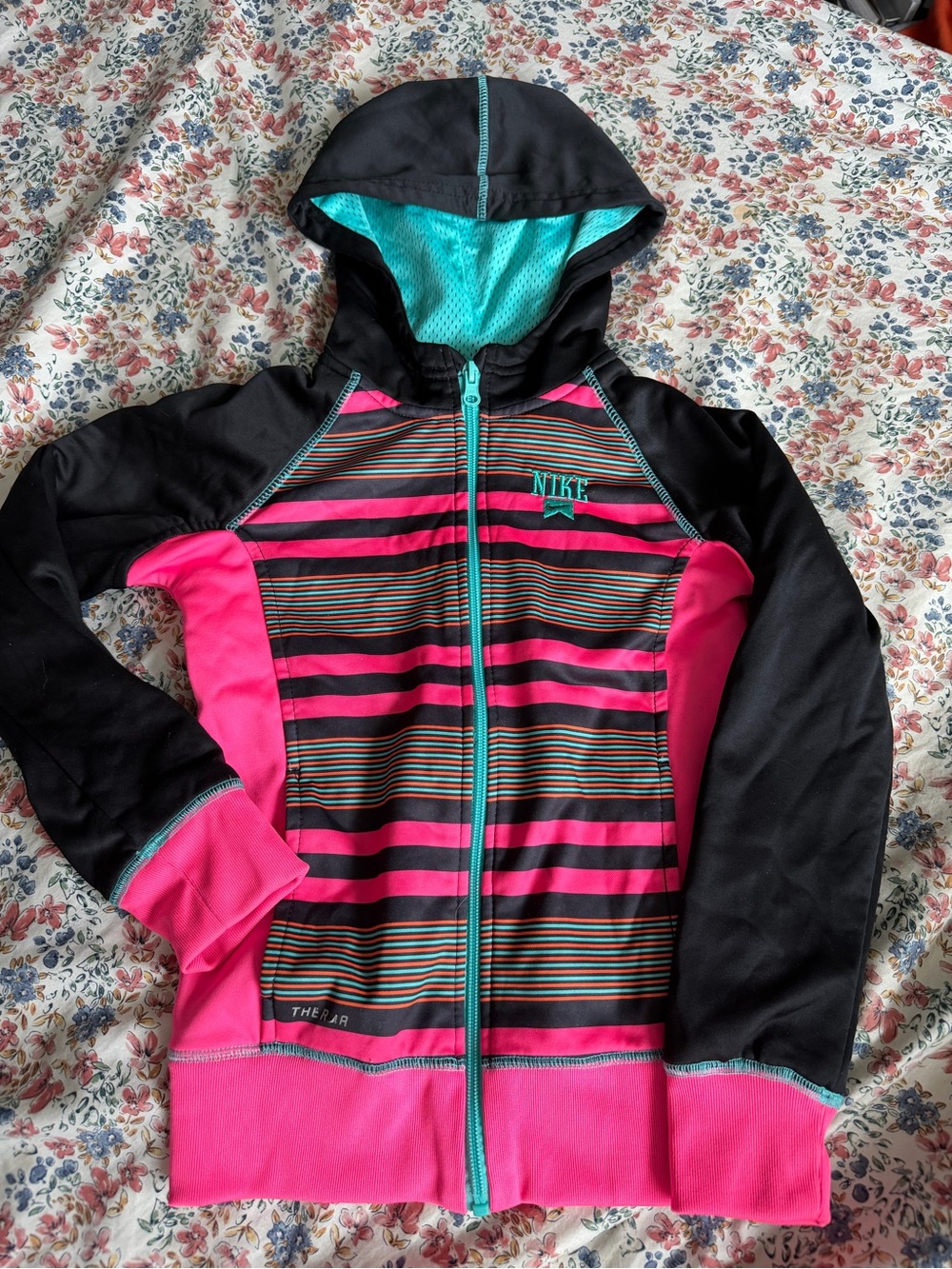 Nike Girls Black, Pink & Teal Striped Hooded therma-fit Zip Jacket